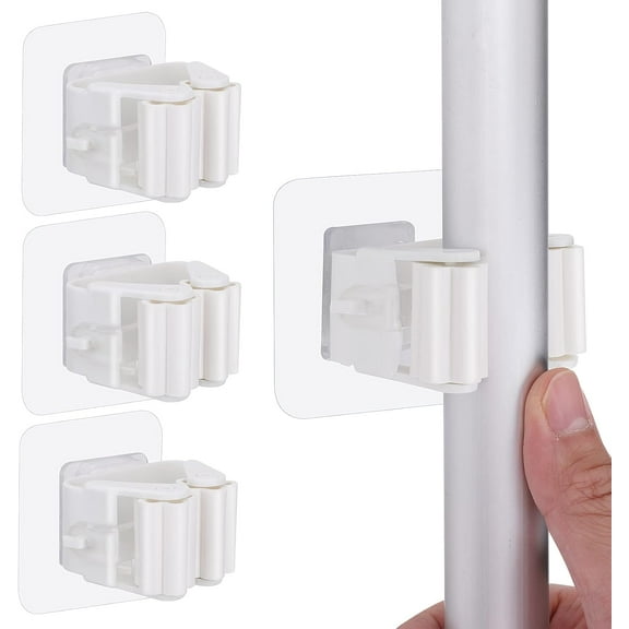 4 Pack Mop and Broom Holder Wall Mount, Self Adhesive Broom Gripper Holds, No Drilling, Broom and Dustpan Hanger Gripper for Home, Kitchen, Bathroom, Garden Garage