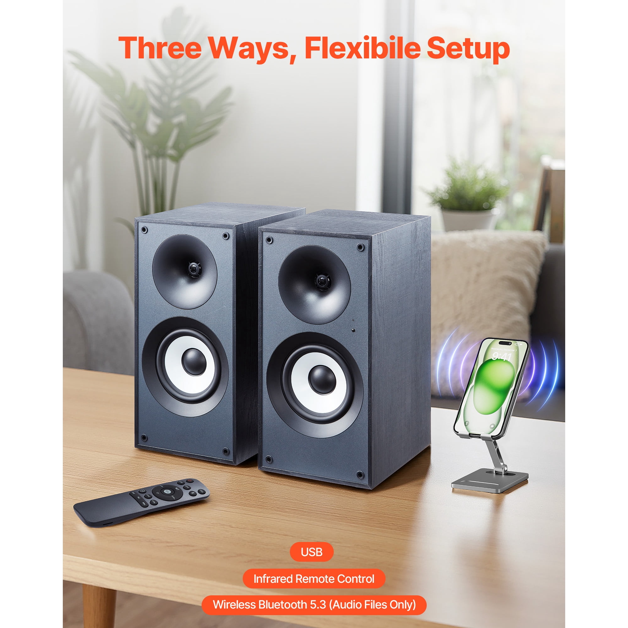 KFFKFF Powered Bookshelf Speakers, 25W x 2, Active Studio Monitor with 5.5-Inch Woofer, Multiple Connectivity Options Including Bluetooth/RCA/Coaxial/Optical/USB/Subwoofer, Wooden Cabinet Design