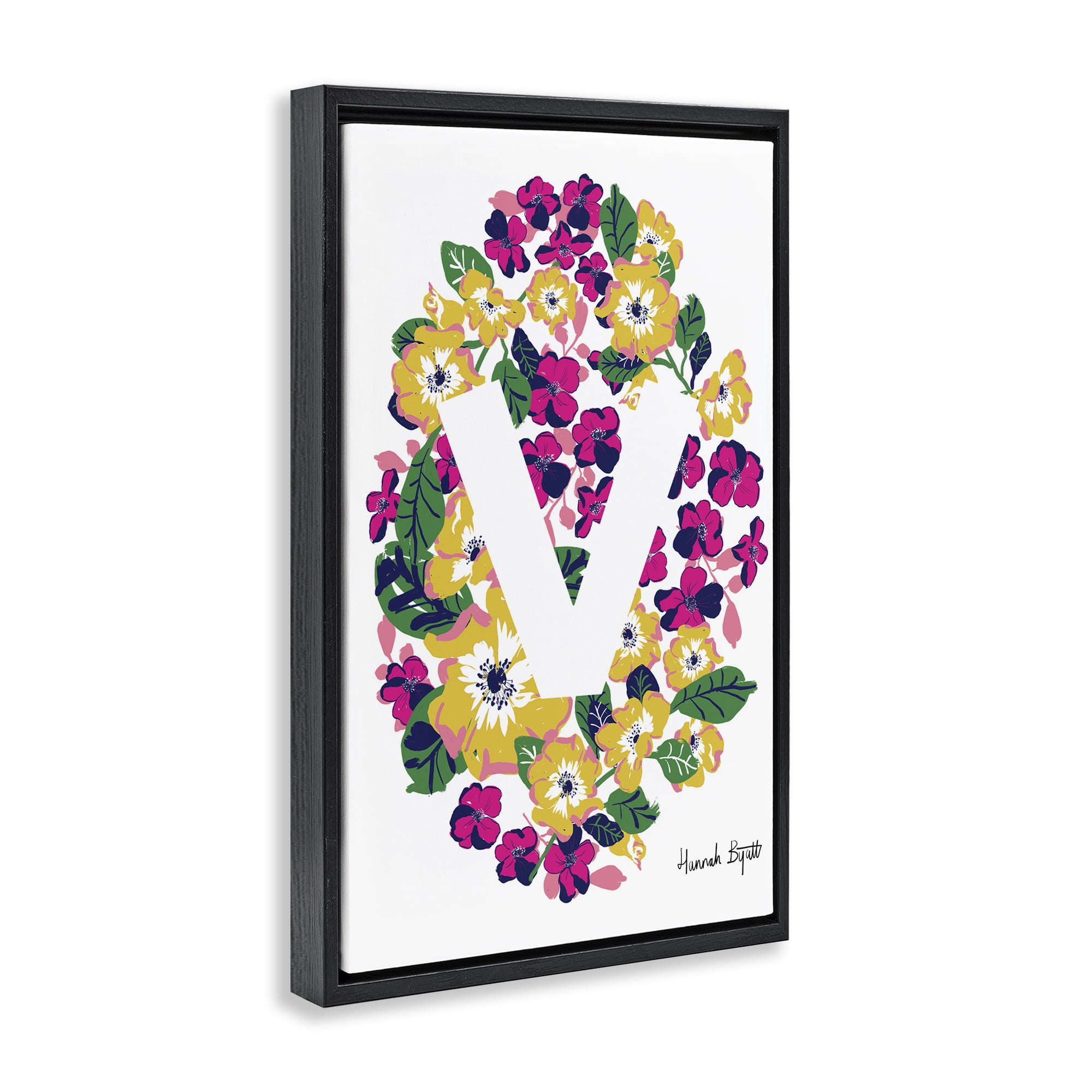 Stupell Industries Floral Bloom Letter V Botanical & Floral Painting Black Floater Framed Art Print Wall Art, 17 x 25