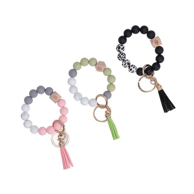 3Pcs Silicone Beaded Bracelet Keychain Wristlet, Metal Keyring Tassels Style Beaded Bracelet For House Car Key Ring Holders