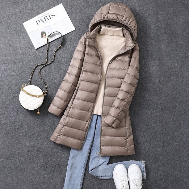 Chaqueta de plumón ligera de otoño e invierno para mujer, plumón de pato blanco largo, versión coreana, abrigo ligero y delgado, abrigo, sombrero
