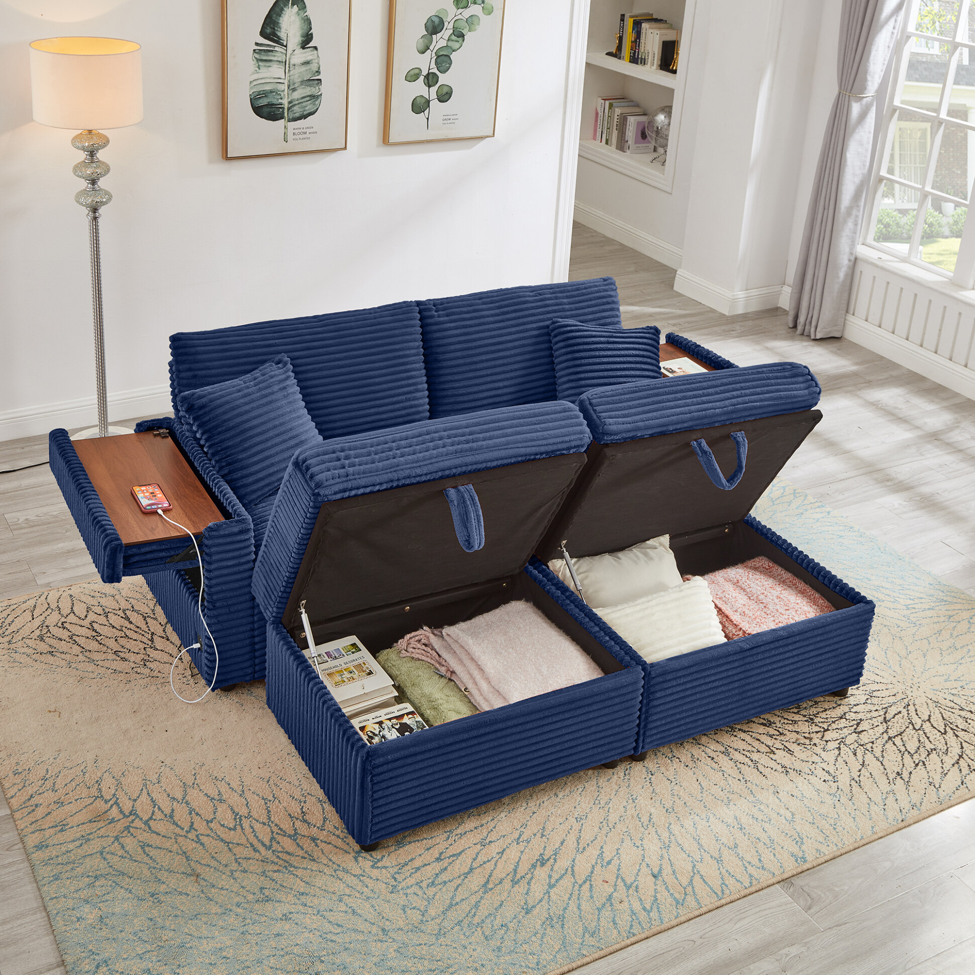 68" Double Chaise Lounges Indoor, Chenille Upholstered Loveseat Sofa Bed with Charging Station, Hidden Table Armrests and Storage Ottomans for Living Room, Blue