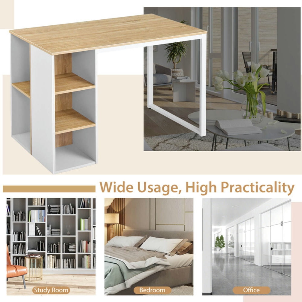 Demi Bonn Computer Desk with 5 Side Shelves and Metal Frame, Small Home Office Desk Study Writing Table, White