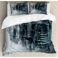 thumbnail image 1 of Truck Duvet Cover Set Queen Size, Greyscale Illustration of a Tractor Trailer with Paint Smears Cargo Delivery, Decorative 3 Piece Bedding Set with 2 Pillow Shams, Grey Turquoise, by Ambesonne, 1 of 3