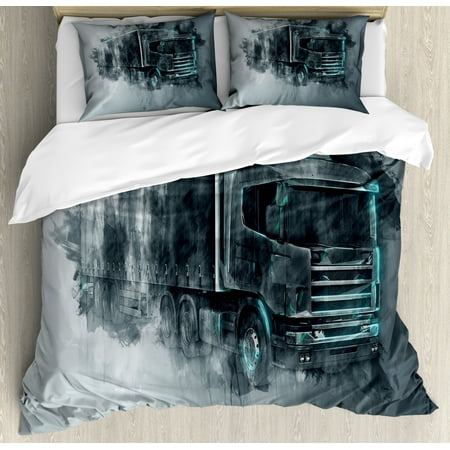 Truck Duvet Cover Set Greyscale Illustration Of A Tractor Trailer