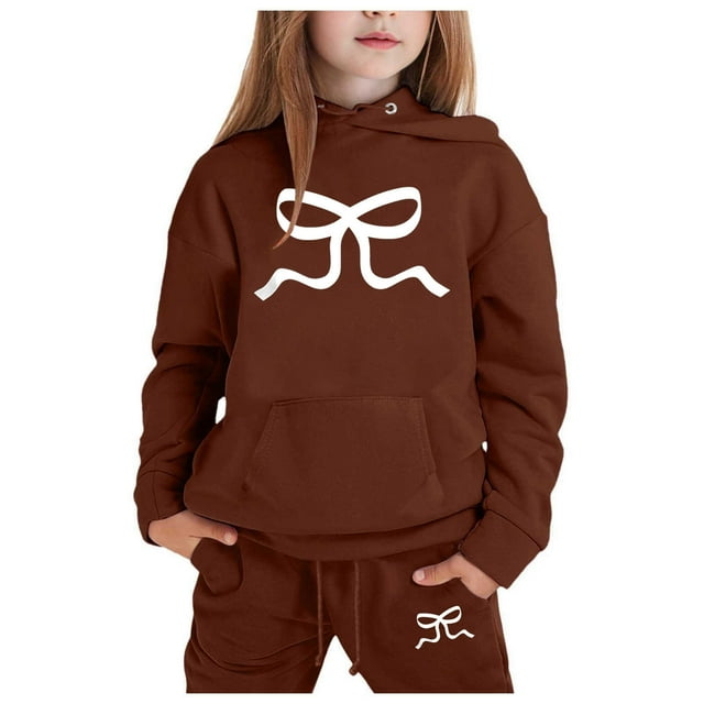 FhsagQ Ensembles pour Filles Ensemble de Chandail à Capuchon pour Enfants avec Imprimé de Nœud Tenues pour Petites Filles Taille 10 Printemps Café 3-4 Ans
