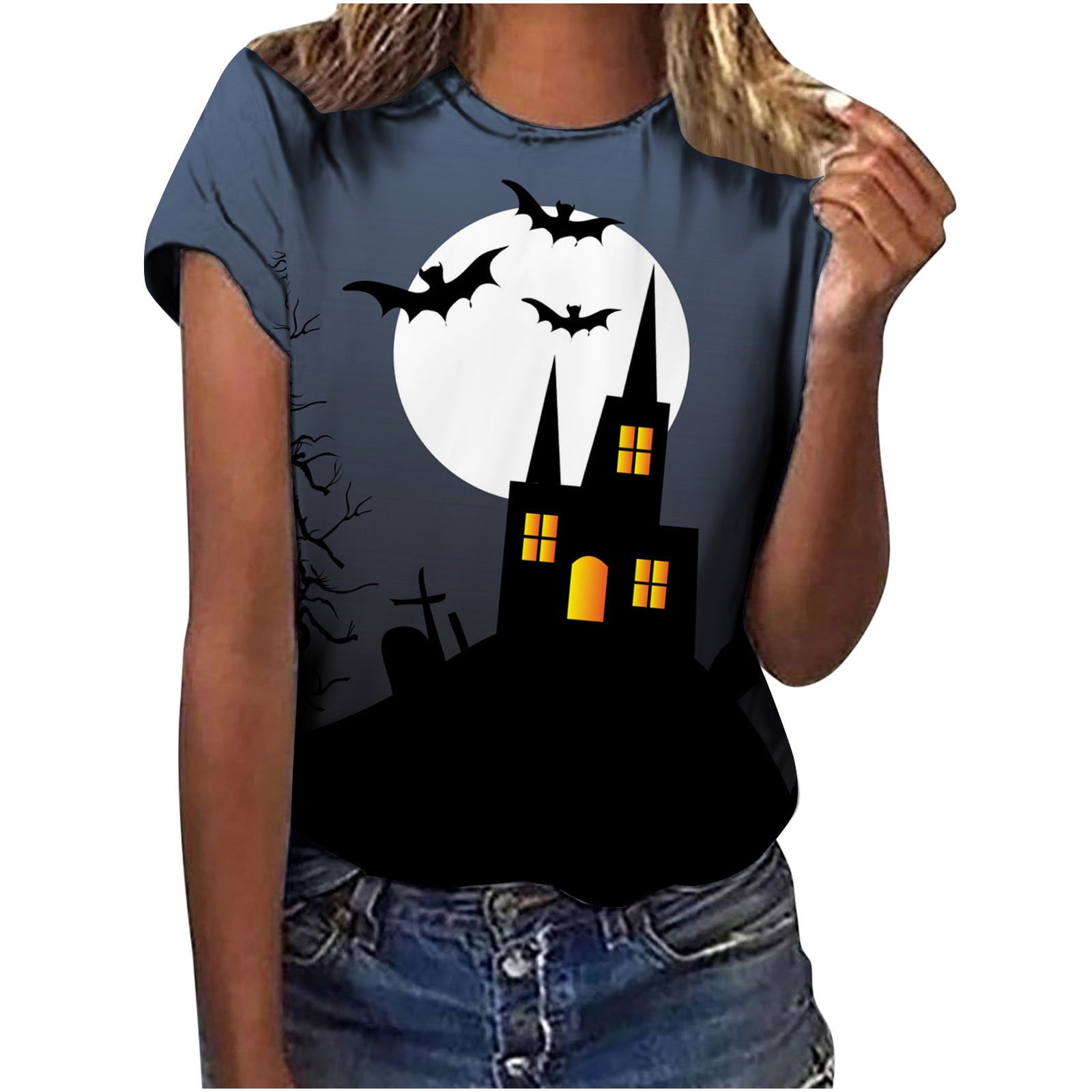 Tops for Women, Womens Halloween Shirts Cute ONeck Pumpkin Cat Printed