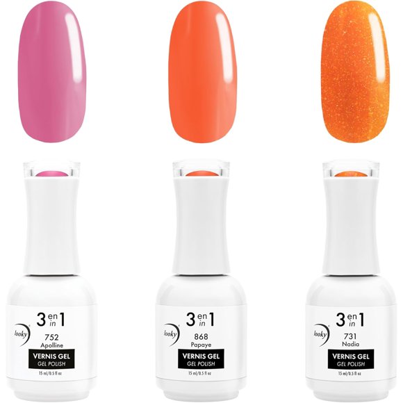 AIR-3-in-1 Gel Nail Polish 3 Pack Sunset Dreams #752 Apolline, #868 Papaye, #731 Nadia, Combined Base, Color, Top Coat, Salon Quality Manicure at Home DIY, Easy Application Nail Lacquer Enamel, Quick
