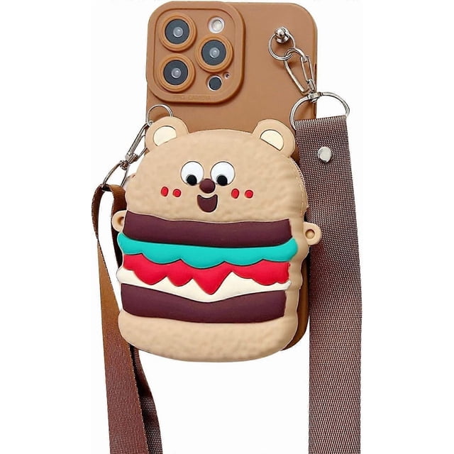 Wallet Case for iPhone 15 Pro Max Case Funny Phone Case Cute iPhone Case Creative Bear Burger with Lanyard Coin Purse Soft Rubber Bumper Shockproof Co