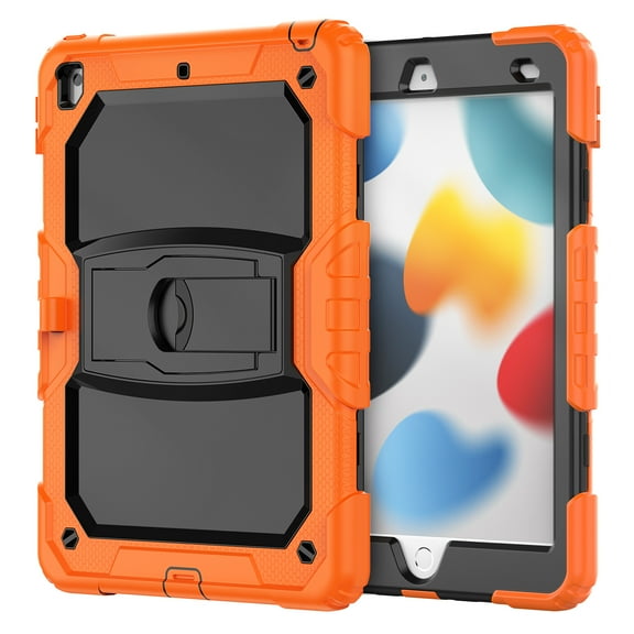 Case for iPad 9.7 2018 2017/iPad Pro 9.7/iPad Air 1 2, Dual Layer Shockproof Heavy Duty Rugged Hybrid Kickstand Protective Cover with Shoulder Strap & Pencil Holder, Orange