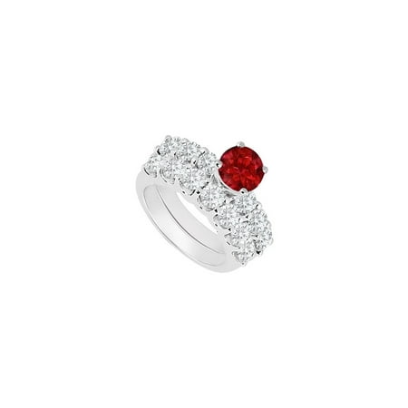 Ruby Gold Wedding Bands - 14K White Gold Created Ruby and Cubic Zirconia Engagement Ring with Wedding Band Set 1.15 CT TGW