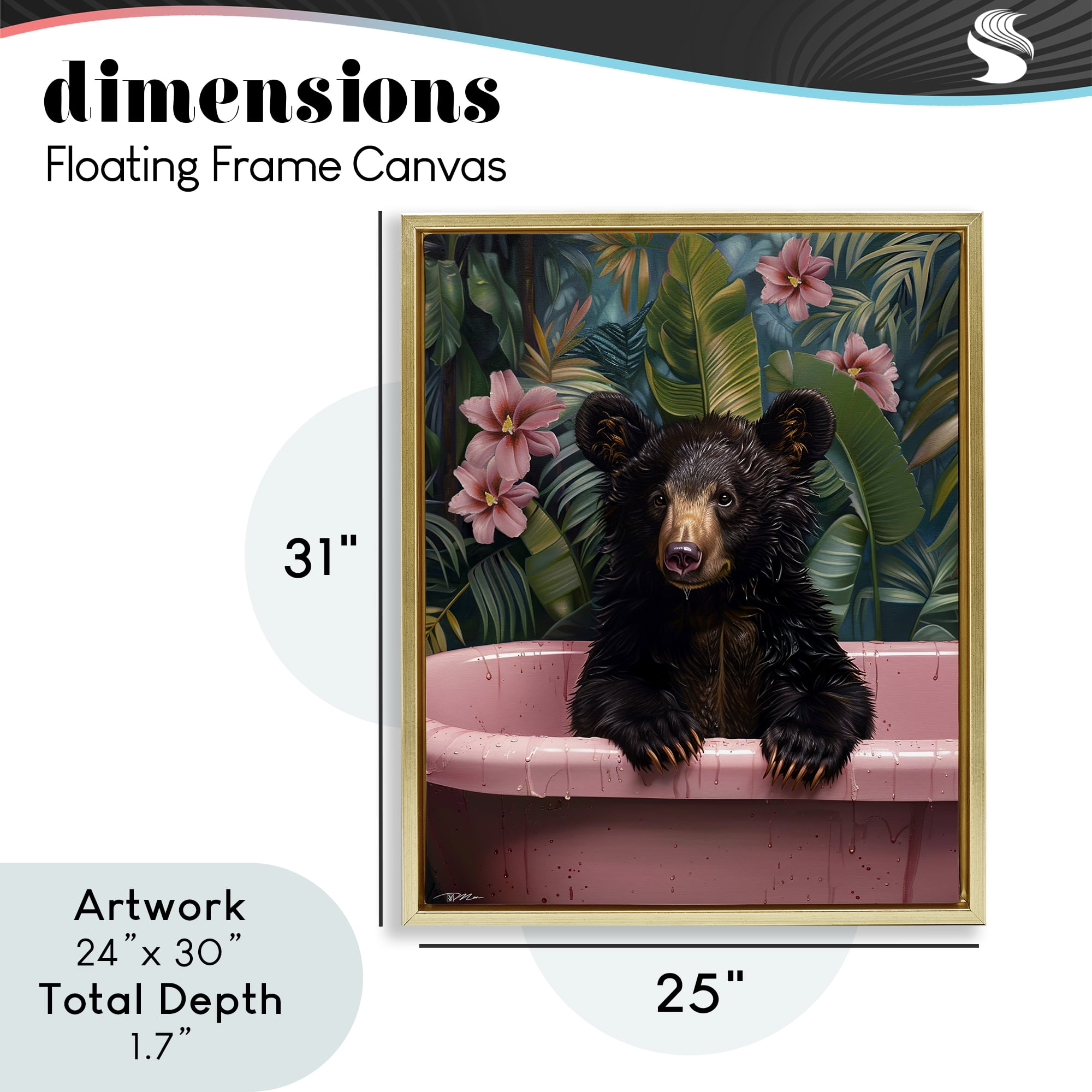 Bruno Bear in Pink Tub Gold Framed Floater Canvas Wall Art, design by Momart
