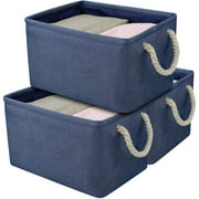 Collapsible Closet Storage Bin Basket,Foldable Natural Linen Storage Cube for Cabinet,Smooth Polyester Liner Bin Set with Handles,Pack of 3, Blue
