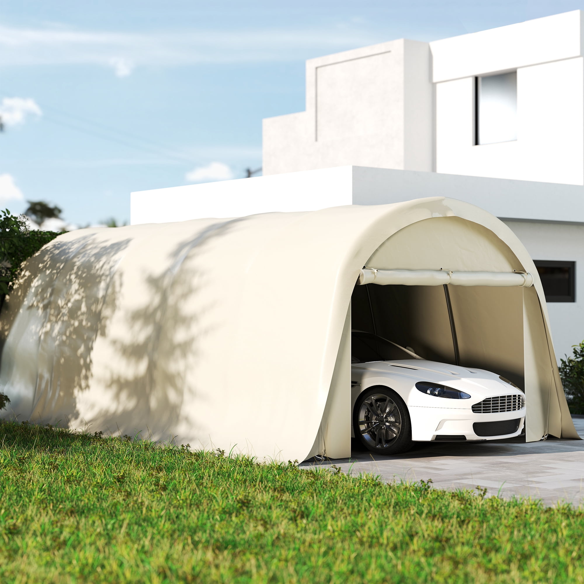 12' x 23.6' Heavy Duty Carport, UPF50+ Portable Garage Car Canopy Tent with Galvanized Frame, Large Door, Beige