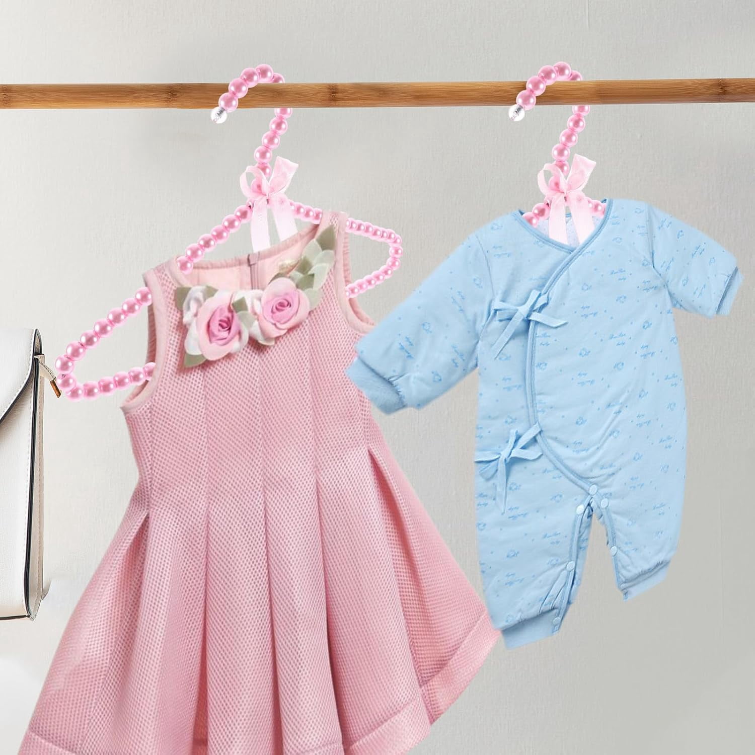 IULAVP 2 Pack Pearl Beaded Hangers for Kids, 11.8 x 7.5 Inch Plastic Baby Clothes Hangers with Bow, Non Slip Toddler Nursery Closet Organizer for Girl Dress, Dog Pet Apparel (Pink)