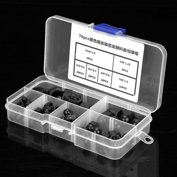 Tuerca de cabeza de domo, 70 piezas Negro Blanco (opcional) Tapa de cabeza de domo de nailon M3 M4 M5 M6 M8 M10 Tuercas hexagonales Kit de tuercas de bellota, con caja de plástico(negro) Ecomeon no