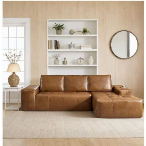 Boneless Couches for Living Room, Brown Faux Leather Cloud Sectional Couches with Chaise, Deep Seat L Shaped Modular Sofa, No Assembly Required Sofas in a Box(Right,Faux Leather,Brown)