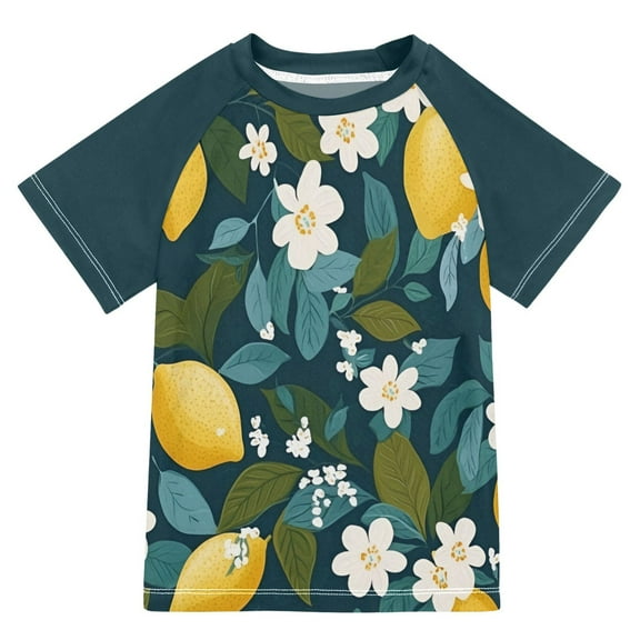 FORMRS Boys Rash Guard with Short Sleeves UPF 50  Swim Shirts Sizes 3-12T, Green Lemon Leaves