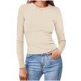 thumbnail image 2 of Fanxing Hauts de Sortie pour Femmes Crop Top Y2K Extensible Col Rond Manches Courtes Ajusté T-Shirts Beige,S, 2 of 8