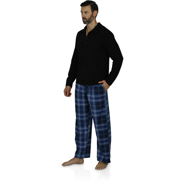 Intimo Men s Pajama Long Sleeve Top And Plaid Pants Fleece Sleepwear Set Blue
