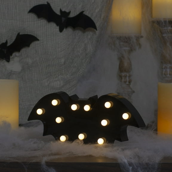 Northlight LED Lighted Bat Halloween Marquee Sign - 12" Black Warm White Lights