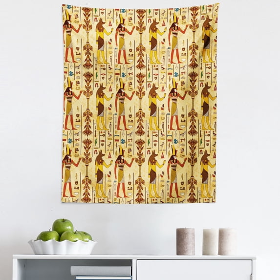 Egyptian Tapestry, Characters and Hieroglyphs Retro Grunge Aged Paper Style Backdrop, Fabric Wall Hanging Decor for Bedroom Living Room Dorm, 5 Sizes, Multicolor, by Ambesonne