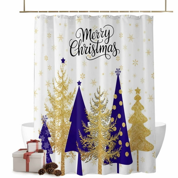 Christmas Shower Curtain Purple Golden Xmas Tree Bathroom Curtains with Hooks, Waterproof Fabric Snowflake Merry Christmas Bath Shower Curtains Set for Bathroom Bathtubs Xmas Decor 72x72 Inch