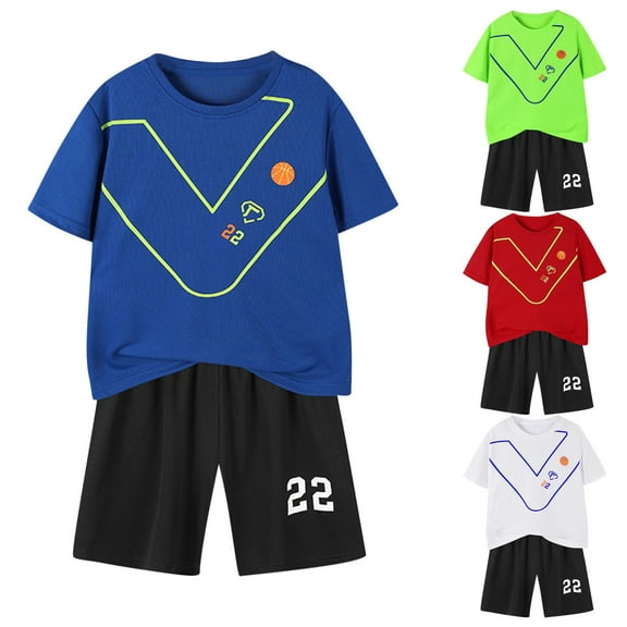 HAOTAGS Sport Shorts Set for Toddler Boys(3-14), Letter Print Summer Short Sleeve Tshirts with Shorts Quick Dry Outfit Set Blue