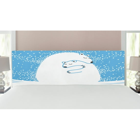 Animal Headboard, Mother Polar Bear Hugging Her in the Snow North Winter Love Keeps Warm Art, Upholstered Decorative Metal Bed Headboard with Memory Foam, King Size, White Blue, by Ambesonne