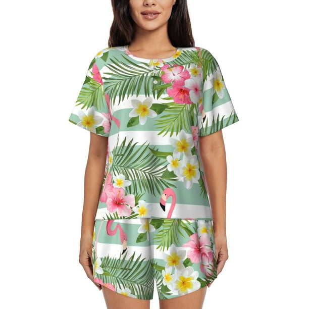 Fotbe Tropical Flamingo Conjunto de Pijama Estampado para Mujer, 2 Piezas, Ropa de Dormir con Camiseta de Manga Corta y Shorts Suaves-Medium