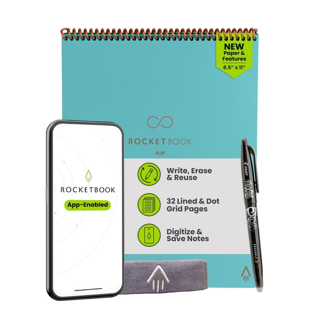 Bloc de Notas Inteligente Rocketbook Flip con Espiral Superior, Hojas Rayadas/Punteadas, Tamaño A4, Color Verde Azulado