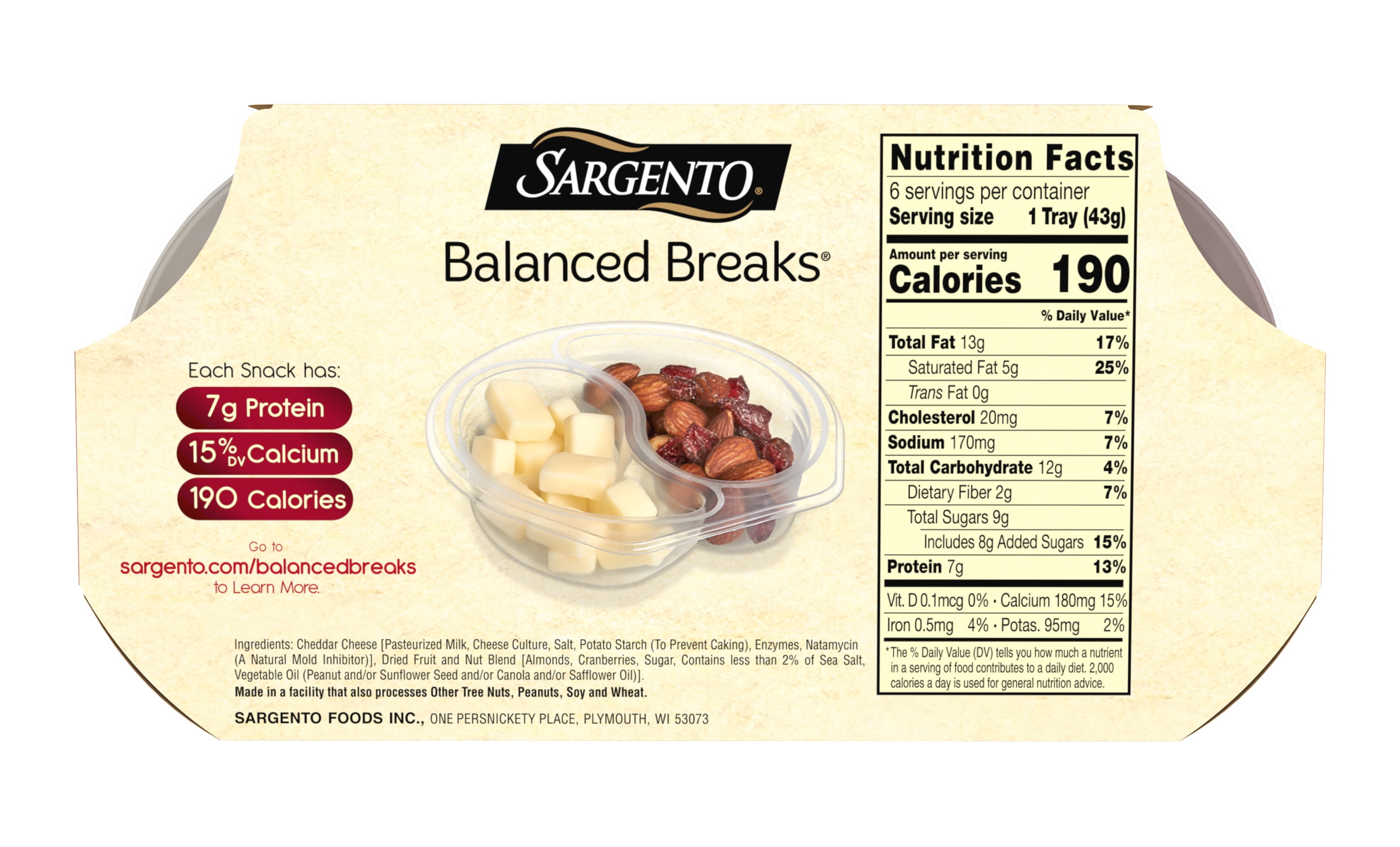 Sargento® Balanced Breaks® Natural White Cheddar Cheese, Sea-Salted Roasted Almonds, Dried Cranberries, 6-Pack