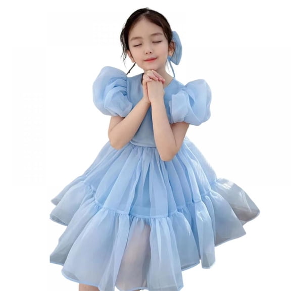 Flower Girl Dress Organza Toddler Dresses Puff Sleeve & Bow Bcak Girls Princess Dress for Wedding Birthday Party