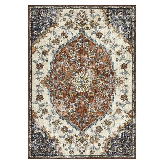 Machine Washable Area Rug Vintage Boho Neutral Carpet, Non-Slip Non-Shedding Low Pile Floral Printed Rug for Bedroom Living Room Farmhouse