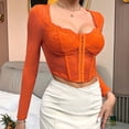 thumbnail image 5 of Corset Top Going Out Outfits for Women Women's Long Sleeve Lace Mesh Crop Top Sexy Corset Slim Fit Square Neck Solid Color Top, 5 of 8