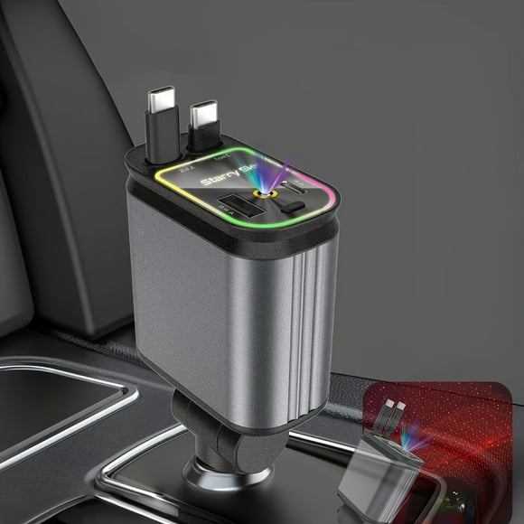 SUTENGDA Chargeur de Voiture à Câble Rétractable Double Type-c 4-en-1 Multiport Adaptateur d'Allume-cigare de Voiture Tête Pivotante à 180° Convient pour IPhone 15 14 13 12 Pro Max Galaxy S23 S24 Cellulaire Phon