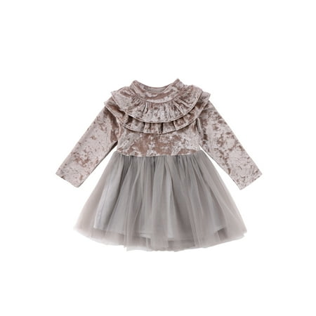 

Toddler kids Girls Velvet Fleece Ruffle Dress Round Neck Long Sleeves Tulle Tutu Princess Dress Party Dress