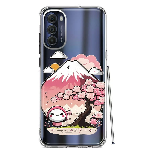 MUNDAZE Motorola Moto G Stylus 5G 2022 Shockproof Clear Hybrid Protective Phone Case Kawaii Manga Pink Cherry Blossom Fuji Mountain Mochi Girl Cover