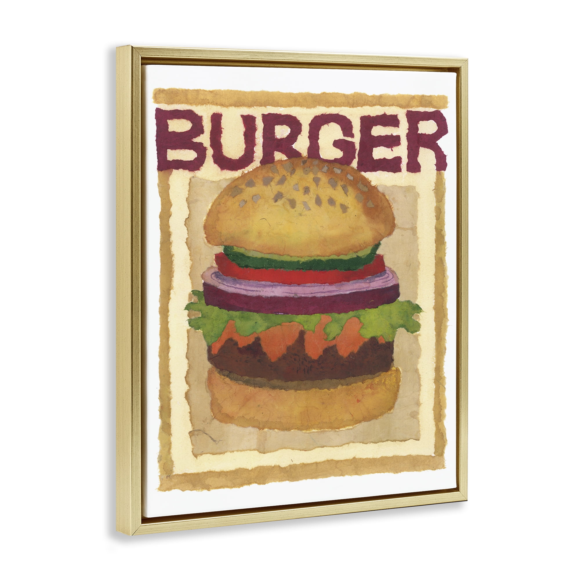 Stupell Industries Watercolor Style Burger Food & Beverage Painting Gold Floater Framed Art Print Wall Art, 17 x 21