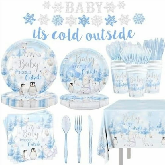 Baby Shower Decorations Baby It's Cold Outside Plates Napkins Arctic Animals Plates Banner Tablecloth Penguin Polar Bear Baby Shower Tableware Set Serve 24 Guests$$Home Decor, Kitchen, & Other