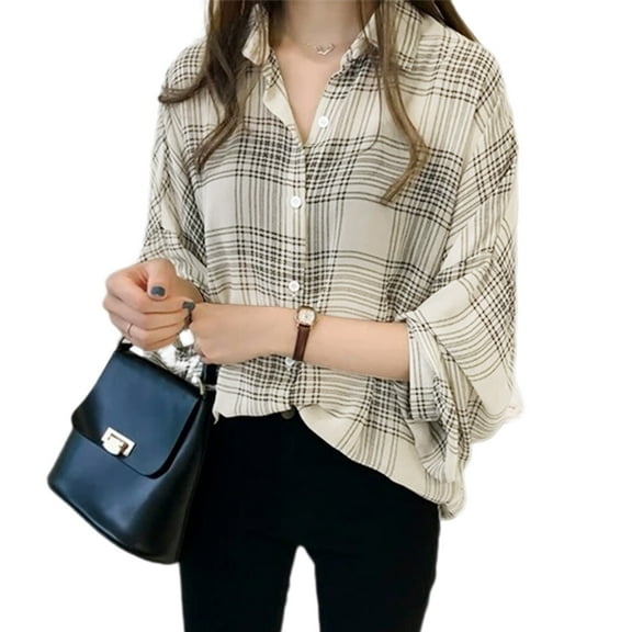 Aellinatey Women Shirts Blouses Plaid Long Sleeves Tops Casual Button Down Lapel Shirt