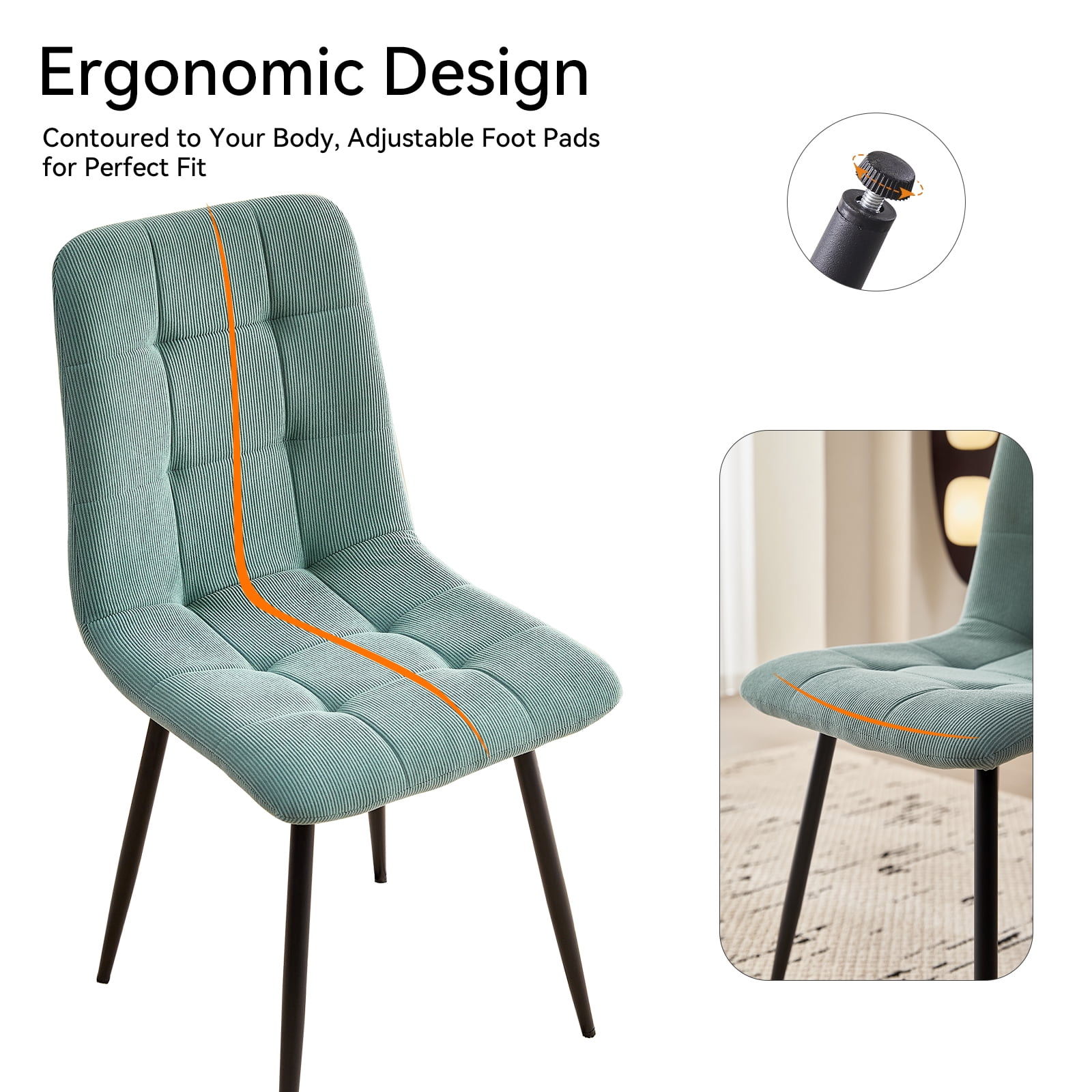 Corduroy Dining Chairs Set of 4, Modern Upholstered Fabric Kitchen Chair with Metal Legs for Living Dining Room, Apartment, Side Chairs with Thick Cushions, Green