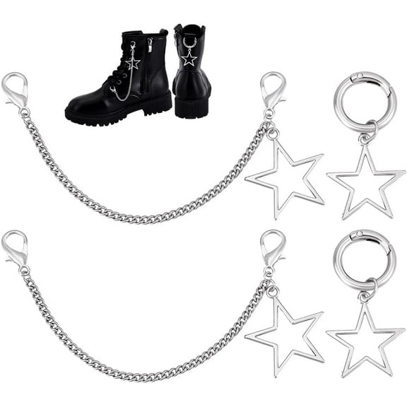 4pcs Stainless Steel Shoe Charms Chain Star Shoelace Chains Shoe Clips Shoelace Charm Charms for Sneakers Goth Bag Charm Canvas Shoes Keychain Bag Women Shoes Decorations