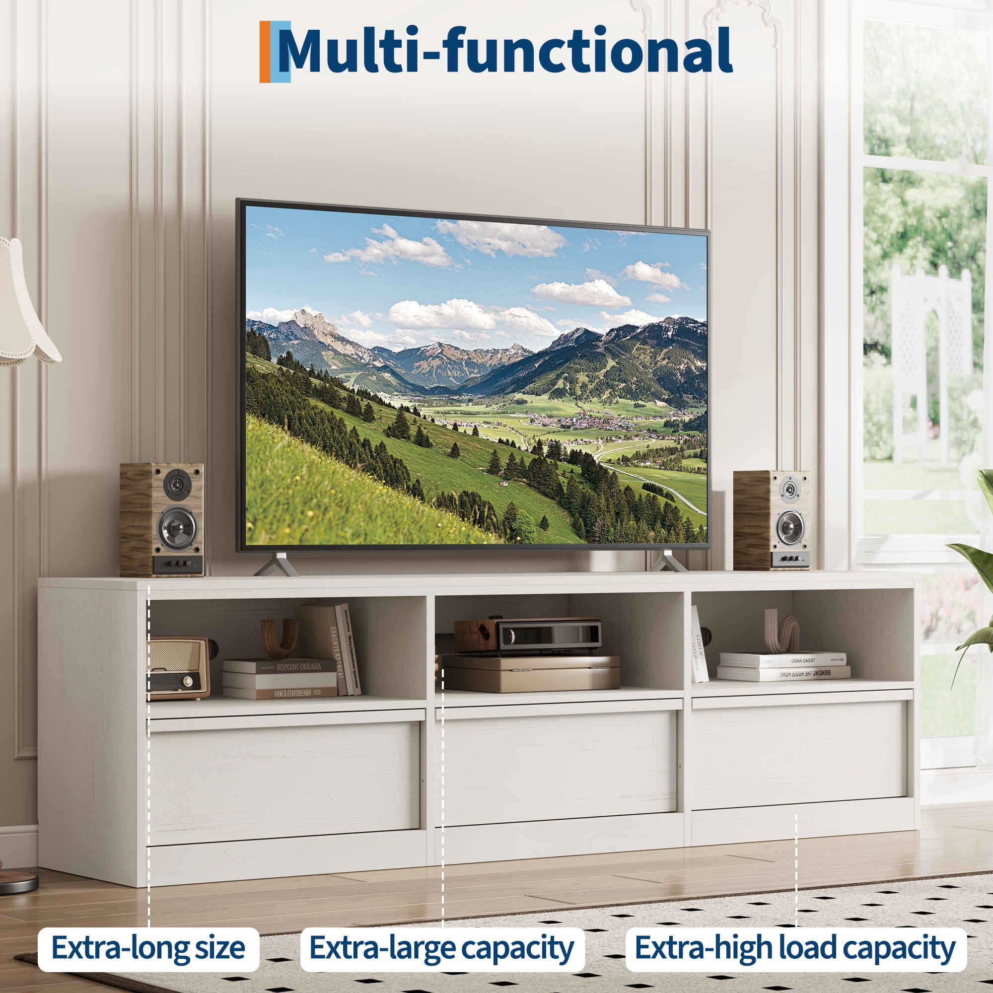 Modern TV Stand with Storage for TVs Up to 85", 70 inch Media Console with Drawer & Open Shelves, Mid Century Entertainment Center for Living Room, White