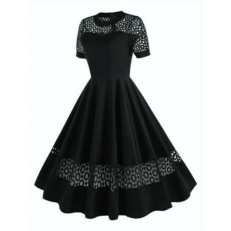 Cfhntfmh Cocktail Dresses for Women Elegant Short Sleeve Crewneck Lace Cutout Midi Dress Evening Prom Party Retro Dress
