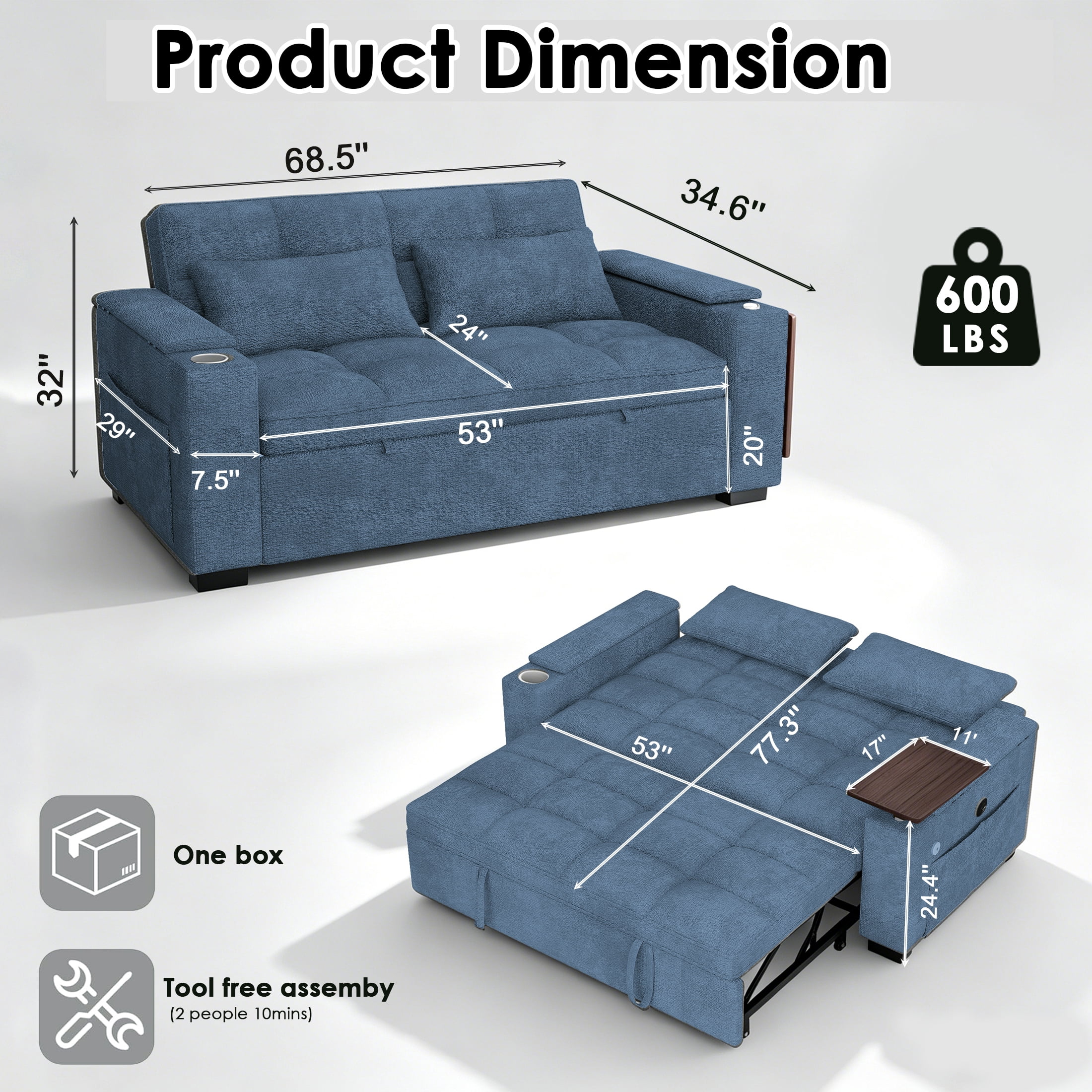 ShiKeyi 68.5'' 3-in-1 Velvet Convertible Sleeper Sofa, Pull Out Sofa Bed with Storage & Charging Port, Blue