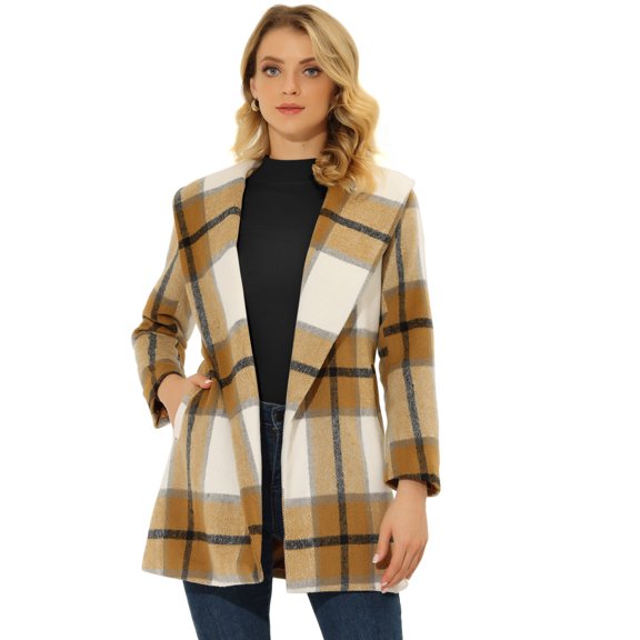 DARING DIVA Women's Winter Plaid Belted Shawl Collar Check Wrap Coat Khaki XS