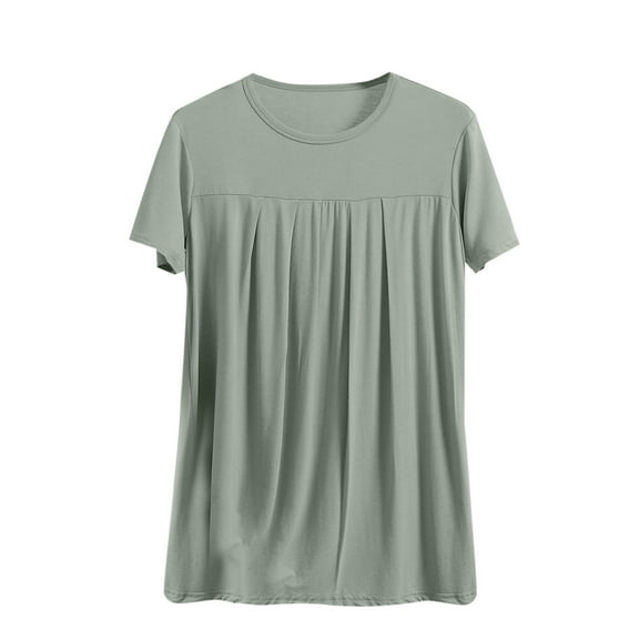 Wyobmus Plus Size Tops for Women Oversized Casual Round Neck Ruched Front Solid Color Short Sleeve Baggy Blouse 1X-5X Olive Green