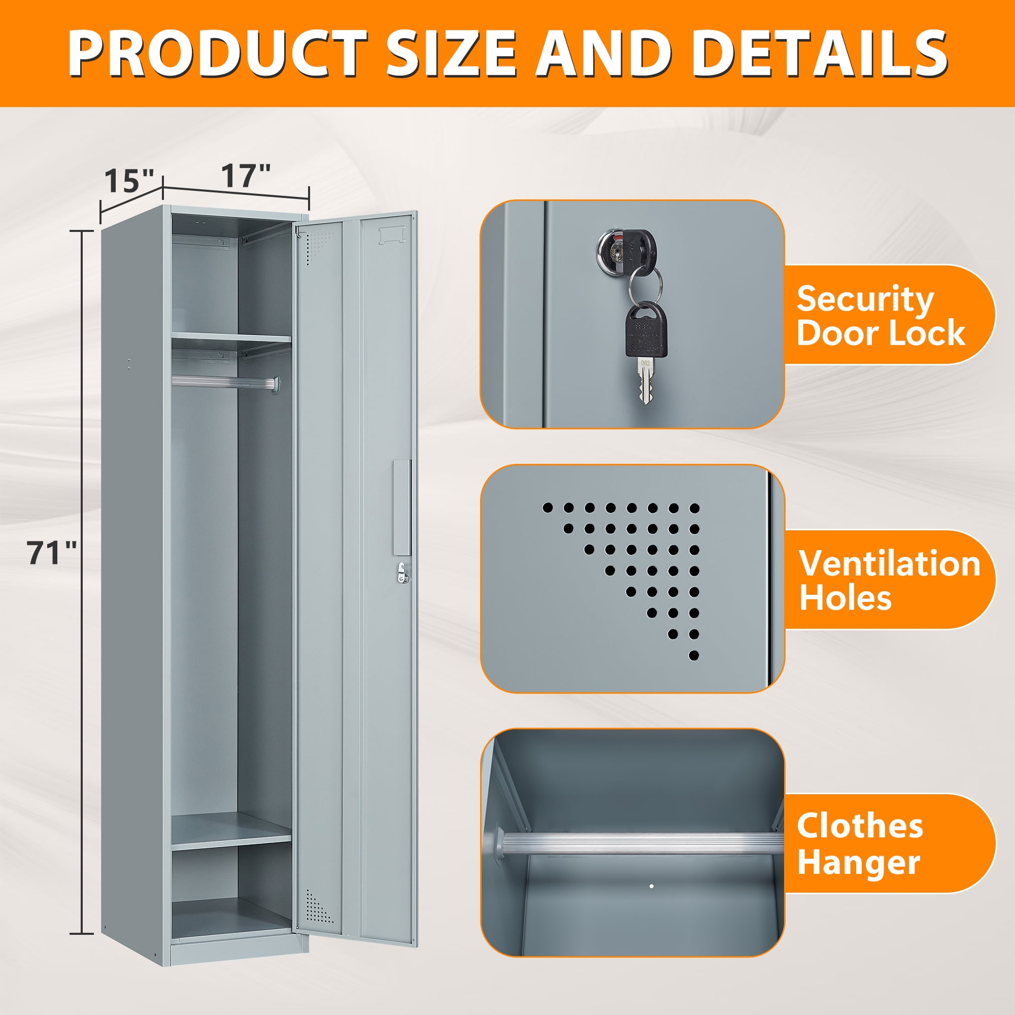 Fesbos Metal Locker 1 Lockable Door,71" Tall Steel Storage Cabinet for School Office Gym Home Employees Staff Sundries Room