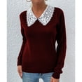 thumbnail image 2 of Suéter rojo de color puro, talla L, otoño-invierno, manga larga, cuello de encaje, prendas de punto para mujer, 2 of 6